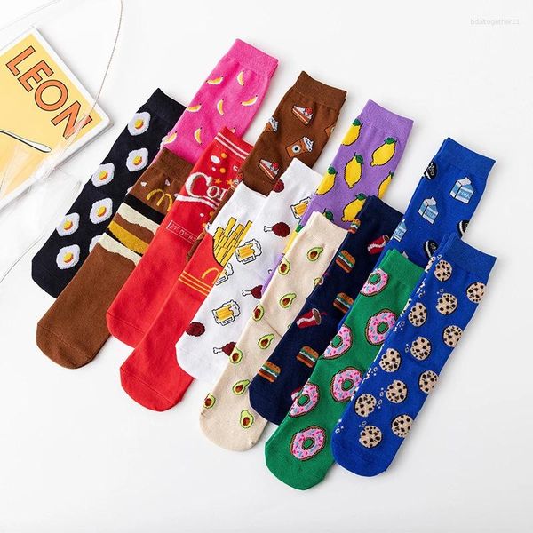 Frauen Socken lustige Skateboard niedlich lässig Cartoon Essen Ei Keks Donuts Früchte Banane Avocado Zitrone glücklich Harajuku Mädchen Sox