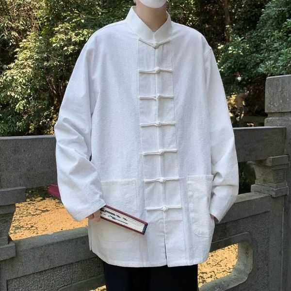 Camicie casual da uomo Camicia stile cinese Tang Suit Colletto alla coreana Cotone lavato Manica lunga Fibbia Cappotto classico Zen di alta qualità