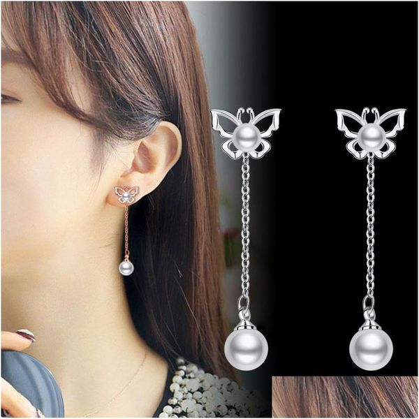 Dangle Chandelier S925 Sier Pearl Butterfly Brincos Jóias com 925 Ear Plug Quatro Métodos de Uso Drop Delivery Dh9U4