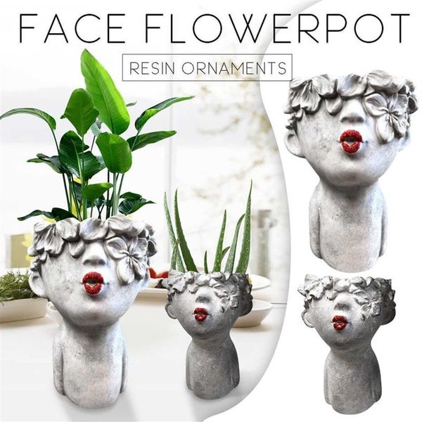 Pequeno beijo feminino vasos de flores pintados lábios cabeça vermelha estatuetas jardim plantador bonito vaso presente decoração para casa 2107122334