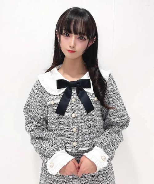 Abiti da lavoro giapponese primavera autunno carino tweed colletto polo top monopetto abiti a maniche lunghe e gonna a trapezio abiti per le donne