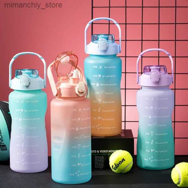 Wasserflasche 2L große Kapazität Wasser Bott Strohbecher mit Bounce Cover Time Sca Rinder Frosted Cup für Fitness Outdoor Sports Fitnes Q231122