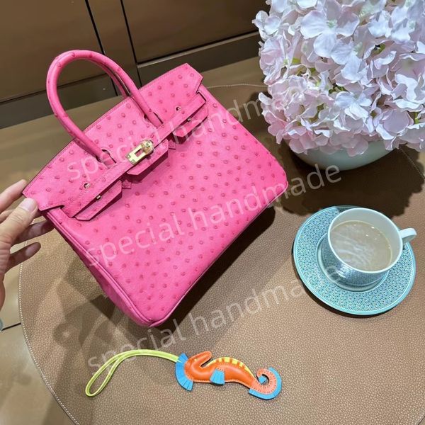 10s tüm el yapımı tasarımcı çantası gerçek devekuşu deri tote çanta moda lüks cüzdanlar kadınlar gerçek deri bayanlar 35/30cm damgalı kilit atkı at cazibesi tote