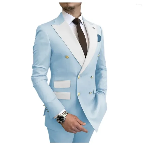 Мужские костюмы Голубые мужские свадебные смокинги с белыми лацканами Платья для выпускного вечера Деловая одежда для жениха на заказ 2 шт. Пиджак Комплекты пиджака и брюк