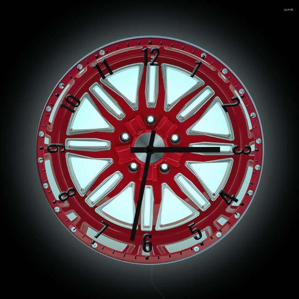 Orologi da parete Pneumatico rosso Ruota per auto Luce notturna Orologio Negozio di pneumatici Servizio Negozio di riparazione Display per garage Insegna al neon a LED che si illumina al buio