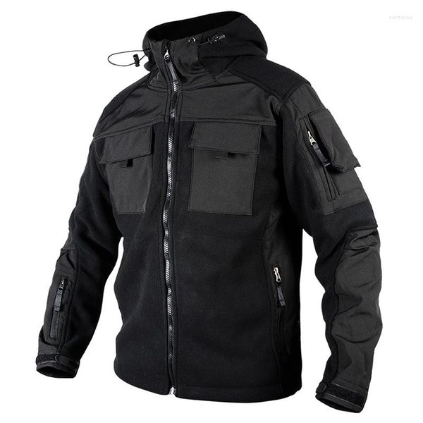 Giacche da caccia Giacca in pile tattico per uomo Camouflage militare Cappuccio multitasche da esterno Cappotto softshell nero caldo autunno