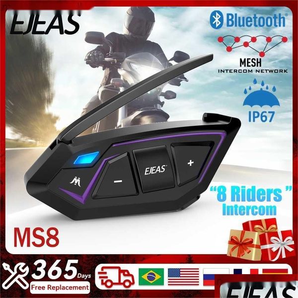 Interfono per moto Walkie Talkie Ejeas Ms8 8 Riders Casco Auricolare 7000M Bluetooth Mesh Interphone Comunicazione Fm Gps Impermeabile Dhyxl