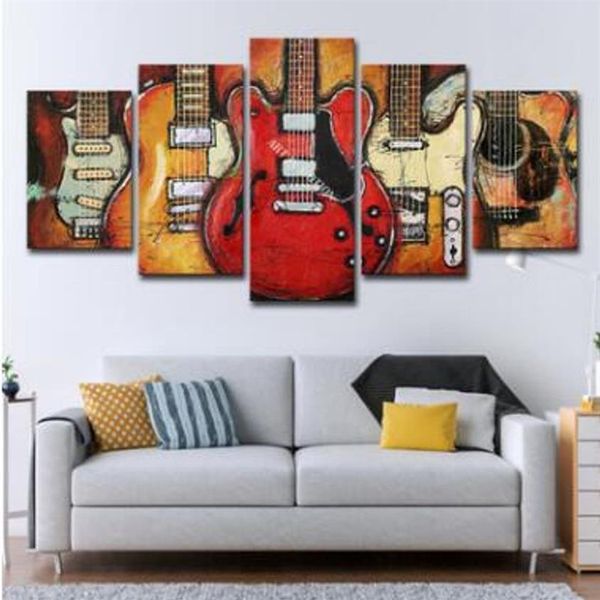 Wandkunst-Leinwandbilder, 5 Panels, moderne Musik-Gitarre, ohne Rahmen, Ölgemälde, Leinwand-Kunst-Wandbild für Schlafzimmer, ungerahmt, Soccer223S
