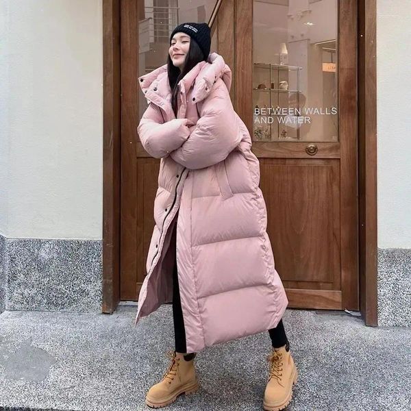 Casacos de trincheira femininos inverno quente rosa com capuz longo parka chaqueta grosso à prova de vento parca casaco casual neve desgaste algodão acolchoado