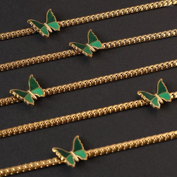 Colares de pingentes Chain de clavícula com colar verde de borboleta para mulheres jóias cubanas de jóias de titânio com arremesso de aço 18k gargantilha dourada