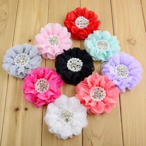 Acessórios para o cabelo 50 pçs/lote 9 CM 16 cores Born Lace Chiffon Flor Strass Pérolas Para Tecido Gasto Flores Headbands