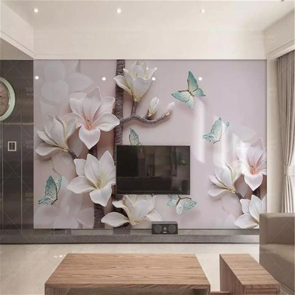 Papel de parede 3d para telefone, lindo rosa em relevo, magnólia, borboleta, sala de estar, quarto, fundo, decoração de parede, mural, 254v