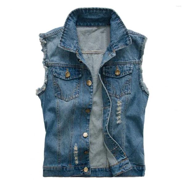 Herrenwesten Männer Weste Mantel Ärmellos Einreiher Taschen Revers Hip Hop Strickjacke Denim Weste Sommer Streetwear