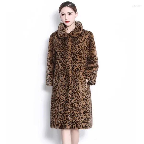 Cappotto da donna in pelliccia di visone leopardato lungo casual caldo giovane