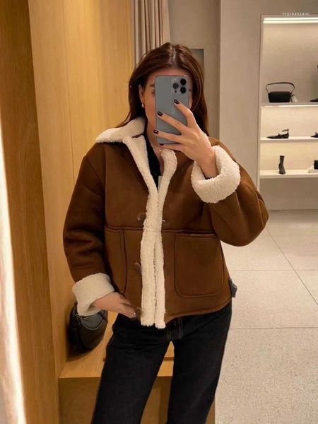 Jaquetas femininas 2023 falso shearling jaqueta lapela mangas compridas frente remendo bolsos botão-up para moda feminina casacos de inverno quentes
