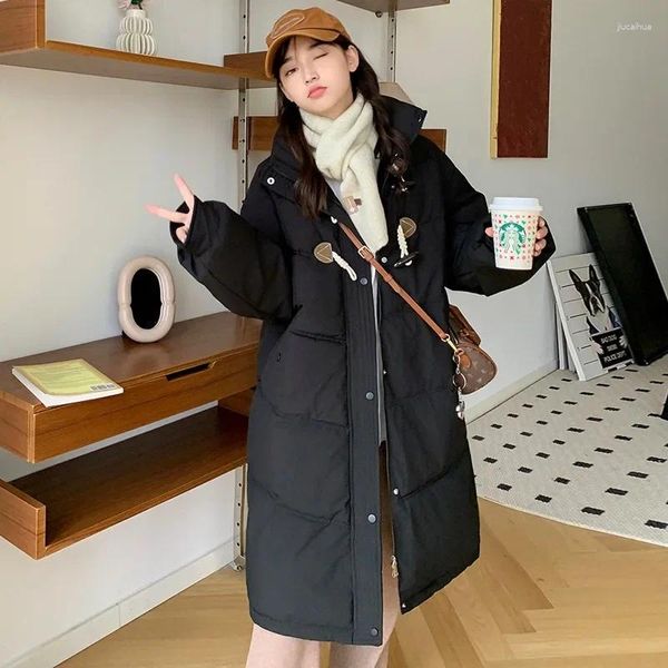 Trench da donna 2023 Inverno Versione coreana della moda Parka Colletto rialzato allentato Fibbia in corno Giacca in cotone spesso lungo X-lungo