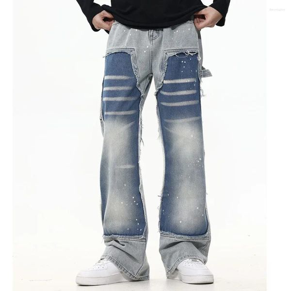 Jeans masculinos y2k high street duas cores retalhos tinta pintada calças largas para homens e mulheres pantalones hombre flare denim calças