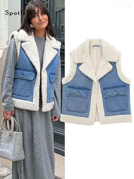 Coletes femininas moda retalhos de pelúcia denim colete para mulheres vintage lapela sem mangas cardigan colete casacos outono quente feminino streetwear