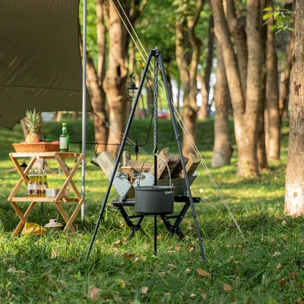 Camp Furniture Outdoor Camping mit dickem Aluminiumlegierungs-Hängetopfständer, Picknickständer, dreistufig verstellbares Stativ, Lagerfeuer