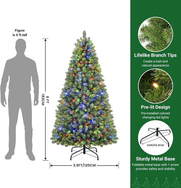 SHareconn Albero di Natale artificiale Premium incernierato da 6 piedi con telecomando e 330 luci LED di colore bianco, 952 punte di ramo, perfetto per le decorazioni natalizie