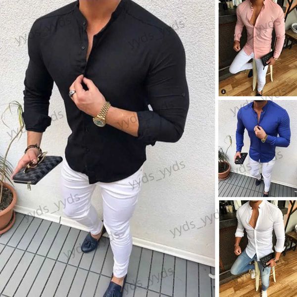 Camicie casual da uomo 2023 Estate calda da uomo Slim scollo a V manica lunga camicia solida muscolare camicie casual top camicetta da uomo vestibilità bottoni camicia trasporto di goccia T231122