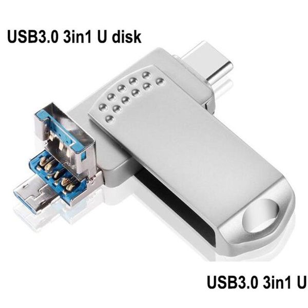 Andere Handy-Teile USB3.0 3-in-1-USB-Flash-Laufwerk 256 GB 128 GB 64 GB 32 GB 16 GB 8 GB für Tablet Typ C Android Xs Max Schlüsselanhänger U-Disk 3 Dhoyt