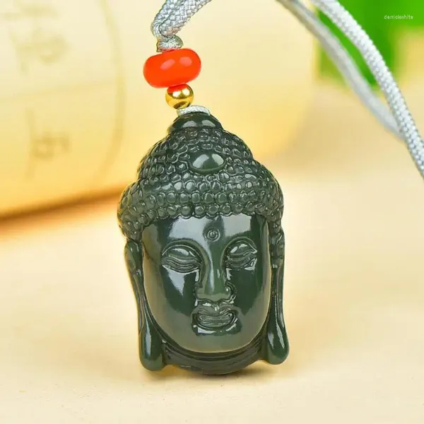 Ciondoli 24 36mm Giada verde naturale Collana con ciondolo testa di Buddha Uomo Donna Vera giada cinese Hetian Portafortuna Amuleto Catena maglione