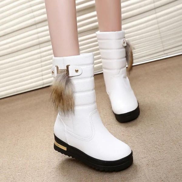 Botas de couro meados de bezerro cunha salto senhoras neve chunky plataforma redonda sapatos femininos meia alta bota branca gótico anti deslizamento skid