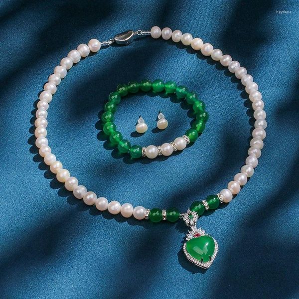 HABITOO Halskette-Ohrringe-Set, elegant, 7–8 mm, weiße Süßwasser-Zuchtperle, grüner Herz-Jade-Anhänger, Armband, Schmuck, Geschenk