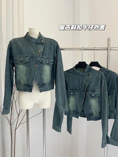 Trench da donna American Retro Deep Blue anni '90 Spicy Girl Giacca da motociclista unisex High Street Fashion Design Sense Denim Cappotto corto Top