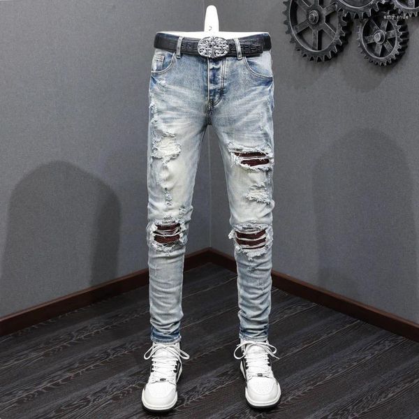 Männer Jeans Street Fashion Männer Retro Blau Elastische Stretch Skinny Ripped Falten Gepatcht Designer Hip Hop Marke Hosen Hombre