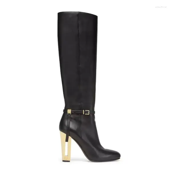 Stiefel 2023 Europäischer amerikanischer Stil runder Kopf Sexy Gold Square Heel Knöchelschnalle Reißverschluss Abnehmen Damen Runway Show High Heels