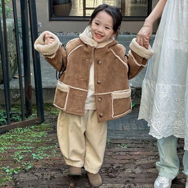 Jacken Kinder Kleidung Kinder Mantel 2023 Herbst und Winter Dicke Jungen Mädchen Koreanischen Stil Mit Kapuze Kaschmir Doppelseitige Tragen Strickjacke