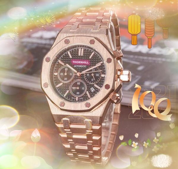 sechs Nadeln Edelstahluhr 42 mm Hilfszifferblätter Arbeitsmode Herrenuhr Hochwertiger Quarz-Chronograph Iced Out Hip Hop Mann Armbanduhr relogio masculino