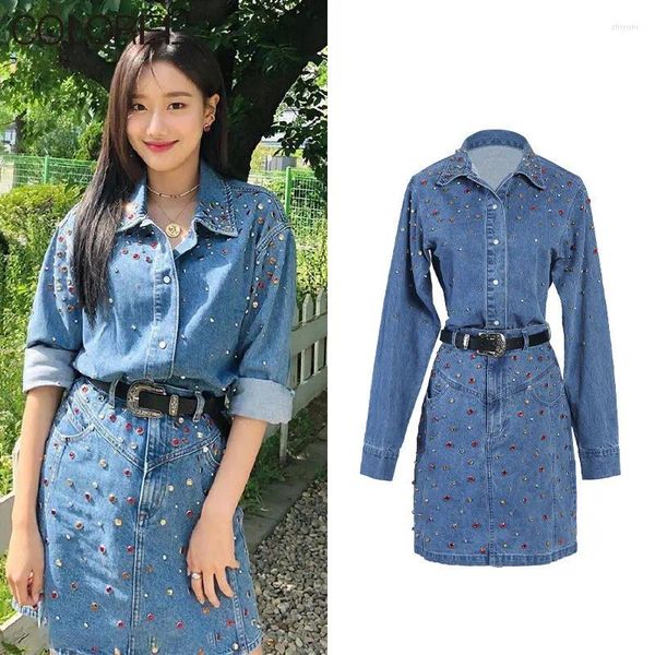 Arbeitskleider Springblue Denim Zweiteilige Sets Frauen Koreanische Mode Elegante Diamanten Perlen Langarm Top Und Rock Set 2023 Herbst Outfits