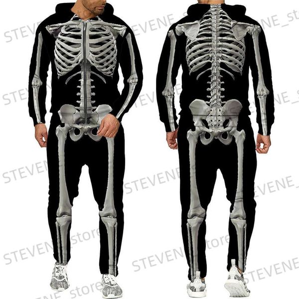 Fatos masculinos Halloween Cosplay Skeleton Splanchna 3D All Over Print Zipper Tracksuits Mens Hoodie Calças 2 Pcs Set Streetwear Ternos T231122