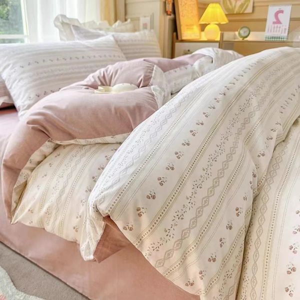 Yatak takımları Kore tarzı pembe set ikiz tam kraliçe yatak keten kızlar çiçek düz sayfa yastık kılıfı kawaii 180x220 ev tekstil 231122