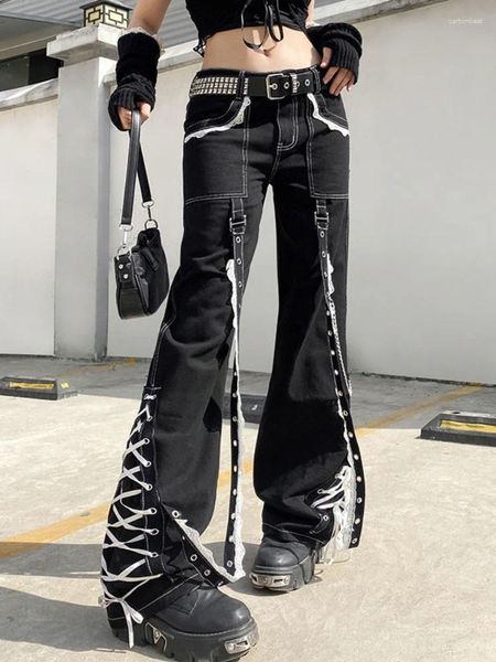 Damenjeans ADAgirl Schwarz Schlaghose Frauen Goth High Street Weites Bein Hip Hop Punk mit Kette Denim Lange Hose Schnürung Grunge Kleidung