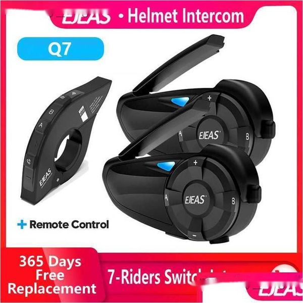 Motorrad-Gegensprechanlage Walkie Talkie Ejeas Q7 Helm Bluetooth-Headset Bis zu 7 Fahrer Drahtlose Gegensprechanlage V5.1 Wasserdichter Lenker Rem Dhact