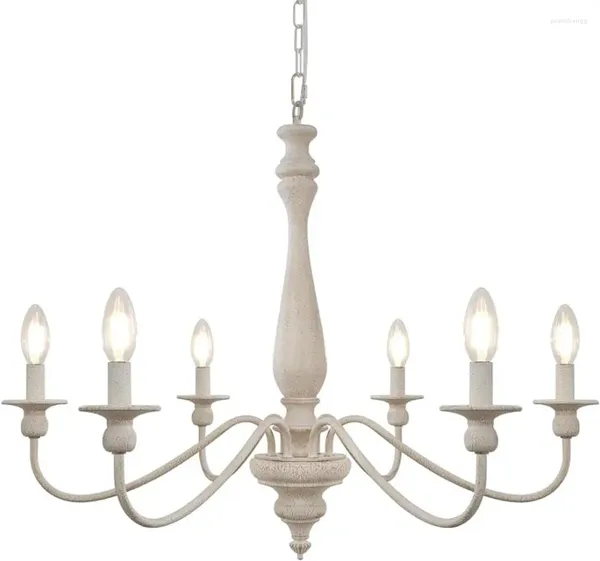 Lampadari Cunfash Lampadario bianco antico da fattoria a 6 luci 28 '' Paese francese per sala da pranzo Lampada in legno rustico