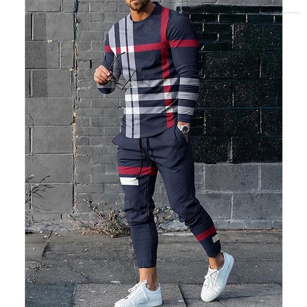 Erkek Trailtsits Trailtsuit 2 Parça Set Erkekler Büyük Boyutlu Çizgili Jogging Suit 3D Uzun Kollu Sweatshirt Tişört Pantolon Kıyafet Günlük