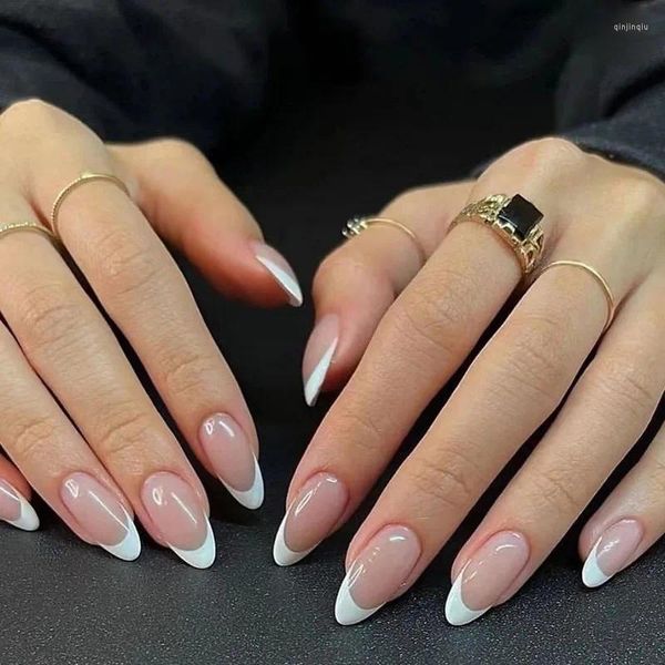 Unghie finte 24 pezzi semplici mandorla bianco lucido stiletto francese finto staccabile ovale copertura completa stampa sulle punte manicure