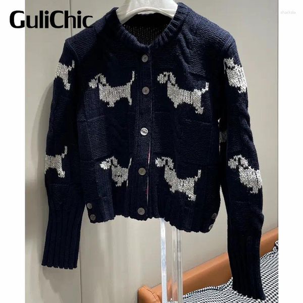 Malhas femininas 9.15 GuliChic Mulheres Vintage Contraste Cor Cartoon Dog Padrão Único Breasted Slim Wool Knit Cardigan Sweater