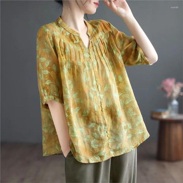 Mulheres Camisetas Johnature Mulheres Imprimir Floral Camisetas Vintage Ramie Meia Manga V-Pescoço Tees 2023 Verão Estilo Chinês