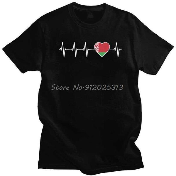 Herren T-Shirts Weißrussischer Herzschlag Ich liebe Weißrussland T-Shirt Herren Baumwolle T-Shirt Tops Landflagge Herz Familie T-Shirt Kurzarm T-Shirt Kleidung Z0421