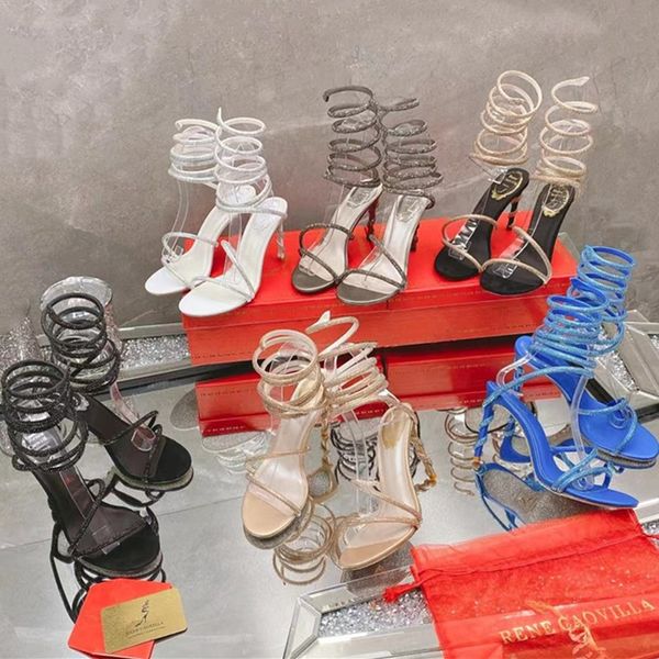 Rene Caovilla Thenew Sandalet Yüksek Topuklu Elbise Ayakkabı Sandalet Lüks Tasarımcı Kristal Ayak Bileği Kayışı Sarma Moda Stiletto Topuk Bayan 35---43 Boyutu