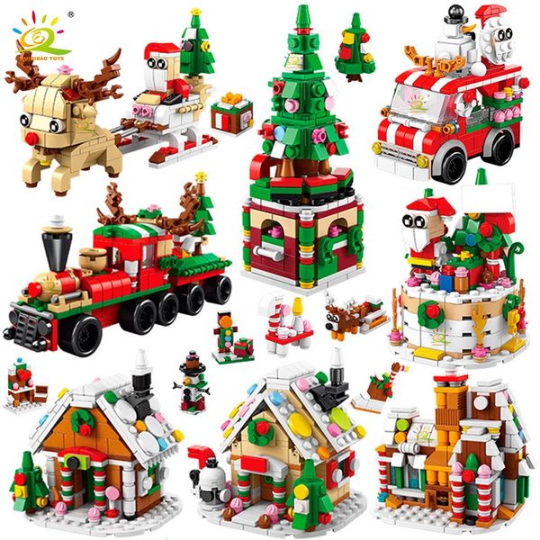 Weihnachtsdekorationen HUIQIBAO 6IN1 Elch Hirsch Weihnachtsmann Bausteine Stadt Schneehaus Weihnachtsbaum Ziegel Set Spielzeug für Kinder Kinder Geschenk 231121