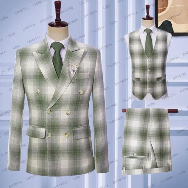 Erkek Suit 2023 Yeşil Ekose Keten Erkekler Üç Parça Set Pantolon Yelek Düğün İş Takımı Lüks İnce Fit Moda Gündelik