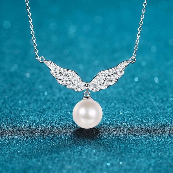 10 mm makellose Perlenkette mit Engelsflügeln, Moissanit-S-Sterlingsilber-Schlüsselbeinkette für Damen