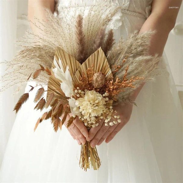 Fiori decorativi Palma Lancia Ruggine Arancione Pampa Reed Bouquet da sposa Secchi Nuziali Fiore secco Rustico Boho Spose Damigella d'onore Floreale